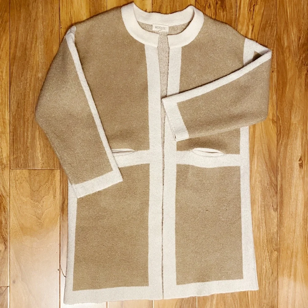Roolee Long Sweater Cardigan Colorblocks Tab & Cream Winter Fall Wardrobe Sz S